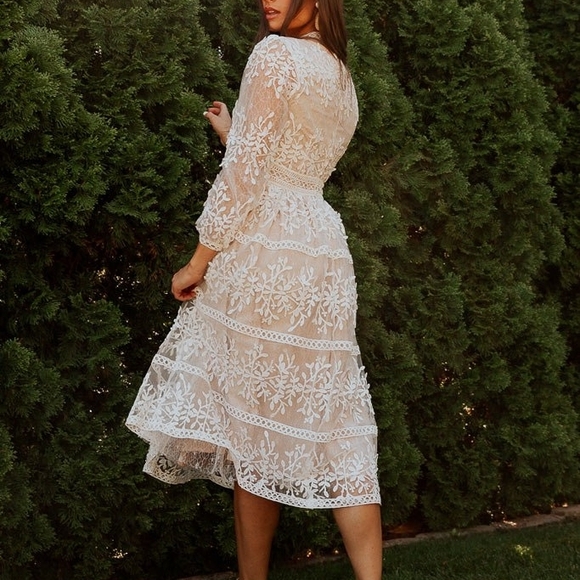 Ivy City Co Sicily White Champagne Floral Lace Midi High Neck Long Sleeve Dress - Picture 9 of 10